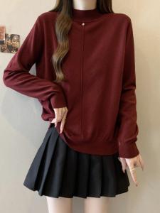 เสื้อสเวตเตอร์ถักคอสูงครึ่งตัวสีแดง ทรงหลวม แขนยาว ทรงพอดีตัว สำหรับผู้หญิง ฤดูใบไม้ร่วง 2025 เสื้อชั้นในสีพื้น