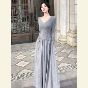 SHANGSHA | Elegant Autumn Long Dress Grey