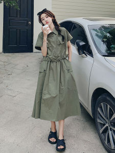 Military Green Workwear Style Dress Set Women Summer 2025 Loose Casual Shirt Half Skirt Two Piece Set Fashionable Ensemble