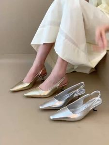 Venalisa Fashion Heels Leather Pointed Sandals Retro Gold Silver Suitable  office Business Reception