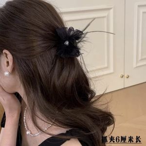 Black Feather Butterfly Knot Hair Clip Womens Half Updo Shark Clamp Stylish Hair Accessories Sweet Style Fabric Hair Grips