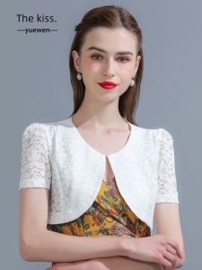 Retro Lace Short Sleeve Open Cardigan Womens Summer Thin Outerwear Short Coat Nylon Fabric round Neck Dark Button Pure Color