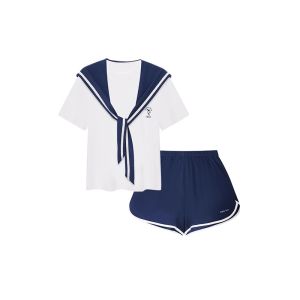 Ubras Disney Collaborative Duckling Navy Style Short Sleeve Shorts Pajamas Set for Men And Women Casual Home Wear Cotton Blend