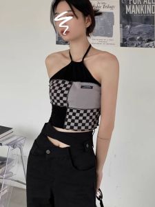 เสื้อกั๊กสั้นถักลายสก็อตคอแขวนสำหรับผู้หญิงในฤดูหนาว เสื้อชั้นในแบบสายเดี่ยว เสื้อชั้นในสีพื้น เสื้อชั้นในแบบท่อตรง