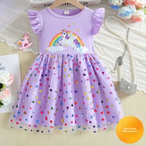 Summer Princess Dress for Girls Unicorn Print Short Sleeve Mesh Skirt High Waist Cotton Thickened Childrens Clothing