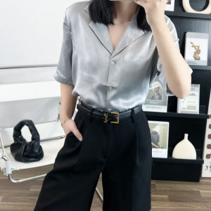 Luxurious Sand Washed Silk Shirt Short Sleeve Suit Collar Womens Fashion Casual Commute Pure Color V-neck Button Detail