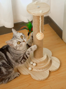 Cat Scratching Post 4 in 1 Wooden Cat Scratcher Toy 40cm Tall Scratch Post with 2 Level Cat Track Balls Interactive Feather Toy & 2 Sisal Hanging Balls for Indoor Kittens Cats