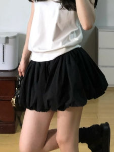 Váy Ngắn Xếp Ly Chữ a Cạp Cao Màu Đen Cho Nữ Mùa Xuân Hè Váy Ngắn Xếp Ly Kiểu Đèn Lồng Cho Dáng Người Nhỏ