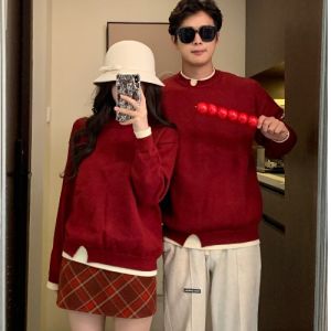 XILANDUO | Couples Matching Knit Sweater Color Block Round Neck Red