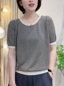 QINGNAER | Lace Round Neck Check Patchwork Plus Size Knitted Blouse