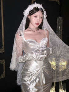 Original Halloween Cosplay Ghost Bride White Cross Pearl Veil Hair Accessory Lolita Tulle Headwear เครื่องประดับผม