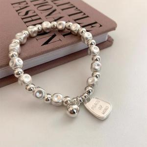 Silver Bead Pendant Heavy Work Small Square Block Sunken Surface English Hand Chain Ins Cold Style Luxury Minimalist Bracelet