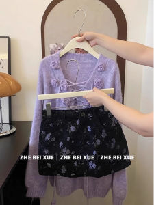 Korean Style Soft V-neck Knitted Top High Waist Mini Skirt Set Womens Fashion Ensemble Long Sleeve round Neck Two-piece Set