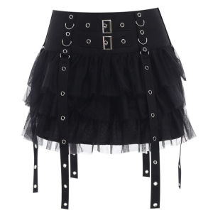 Homemade Dark Punk Goth Style Eyelet Button Ribbon Low Waist Pleated Skirt Gauze Skirt Asian Culture A- line Skirt Women
