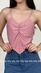 KILY.PH New Womens Eyelet Ruched Camisole Top with Spaghetti Straps in Solid Colors