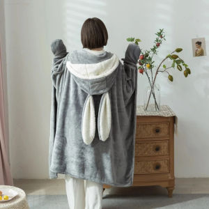 Cute Wearable Cute Rabbit Blanket Coral Velvet Warm Throw Blanket In Winter Japanese Style Hooded Cloak Blankets Adults Kids