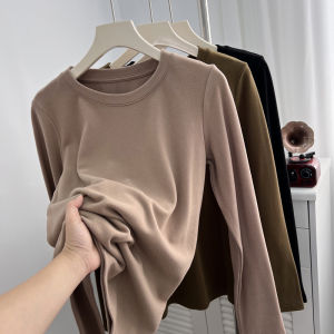 Double-Sided Velvet Soft round Neck Bottoming Shirt Womens Autumn and Winter Fleece-Lined Warm Gentle Solid Color Long Sleeve T-shirt Top