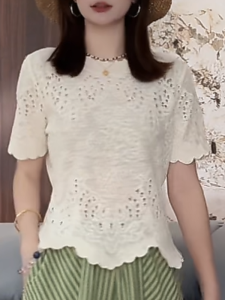Shalldoer | Fashionable Knitted Short Sleeve Lace Hollow Out Round Neck Top For Women Summer Stylish Versatile Straight Cut Thin Fabric