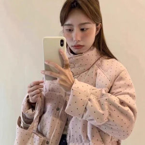 Thickened Polka Dot Stand Collar down Cotton Jacket Womens Short Bread Style Warm Coat Loose Fit Korean Style New 2025