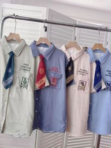 Harry Potter Retro Striped Short Sleeve Embroidered Casual Loose Top Polyester Summer Shirt Sweet Preppy Style Warm Polo Collar