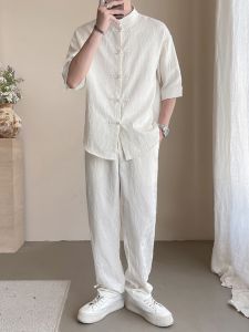 Handmade Embroidered Casual Shirt Mens New Chinese Style Spring Summer Breathable Polyester Cotton Five-Quarter Sleeve Stand Collar