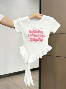 Letter Printed Cotton T-Shirt For Girls Summer New Irregular Hem Slim Fit
