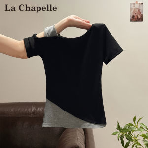 La Chapelle | Contrast Color Illusion Two-Piece Short Sleeve T-Shirt for Women Slimming Off-Shoulder Top