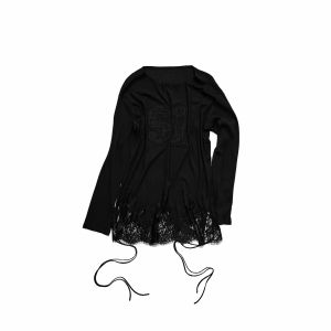 1JINN STUDIO | American Patchwork Lace Hem Waist-Tied T-Shirt