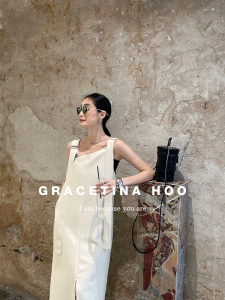 Ladies Summer New Style Loose Long Dress with Strap Vest Backless A-Line Skirt High Waist Pure Color Commute Korean Version