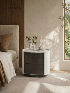 Natural Stone Round Italian Minimalist Bedside Cabinet Smoke Wood