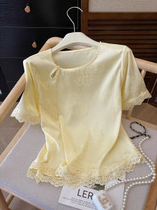 PAIBOLI | New Chinese Style Short Sleeve T-Shirt Women Satin Round Neck Young Style Thin Embroidery Floral Pattern Summer Top Thin Model