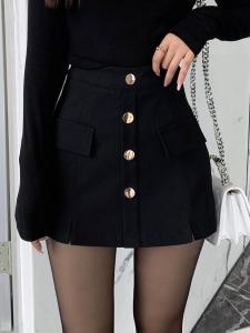 Black High Waist Button Design Elastic Pants Skirt Short Pants Long Leg Effect Bodycon Mini Skirt Outerwear Hot Pants for Women