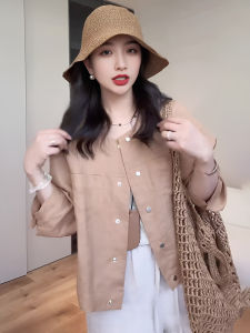 French Style round Neck Long Sleeve Shirt Jacket Womens Short Loose Casual Thin Autumn Top Fashionable Basic Solid Color