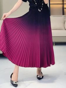 กระโปรงจีบเอวสูง กระโปรงทรงเอยาวคลุมเข่าสไตล์ฝรั่งเศสสำหรับผู้หญิงในช่วงฤดูร้อนปี 2024 ทรงเข้ารูป กระโปรงทรงเอจีบใหญ่