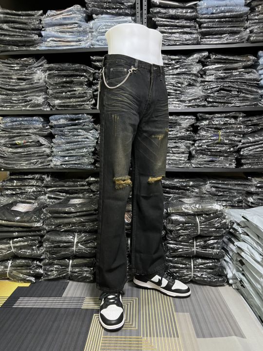 กางเกงยีนส์กระบอกใหญ่แต่งขาดป้ายBLADE+แถมโซ่ห้อย รหัสBL10-2 | Lazada.co.th