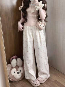 Street Style Cartoon KT Cat Full Print Wide Leg Pants Womens Summer New Loose Drapey Slimming Long Trousers Versatile High Waist