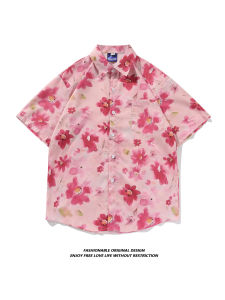 Summer New Mens Pink Floral Print Short Sleeve Loose Casual Beach Shirt Couple Vacation Style Lightweight Iron-Free Cotton