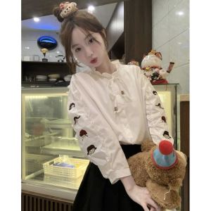 Chic Long Sleeve Womens Shirt French Style White Inner Wear Top Sweet Loose Fit Button Detail Regular Length Autumn New Arrival