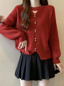 Red Knitted Sweater Top Womens Short plus Size Slimming Spring Autumn European Style Beautiful Small Shirt Comfortable Loose Fit