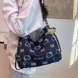 Sanrio Hello Kitty Large Capacity Canvas Tote Bag Y2K Zippered Shoulder Travel Shopping Bag for Women Casual Girl Christmas Gift