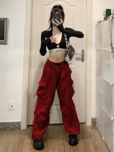 American High Street Loose Red Work Pants Womens Spring Summer Casual Straight Leg Trousers Sports Trendy Streetwear