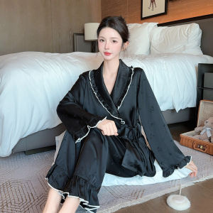 ชุดนอนผู้หญิงผ้าไหมน้ำแข็ง ชุดอยู่บ้านหลวมๆ ดีไซน์หรูหรา แขนยาว คอวี กระโปรงทรงเอ ชุดนอนฤดูใบไม้ผลิและฤดูใบไม้ร่วง