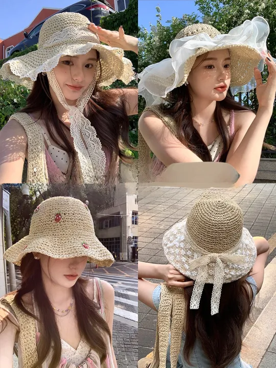 Sweet%20Lace%20Straw%20Women%20Handwoven%20Summer%20Sun%20Protection%20Travel%20Large%20Brim%20Beach%20Sunshade%20Hat%20Casual%20Style%20round%20Top%20-%20Image%203