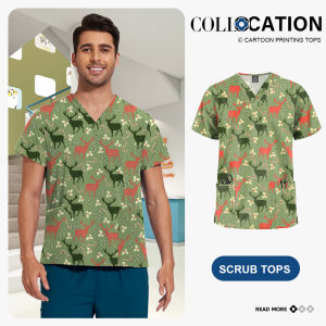 Niaahinn Christmas Print Medical Tops Nurse Accessories Doctor Surgical Blouse Cartoon Pattern Short Sleeve Scrub Work Shirt Men
