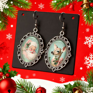 Christmas Jewelry Santa Claus Elk Snowman Earrings Silver Color Oval Glass Dangle Earrings For Women Girls