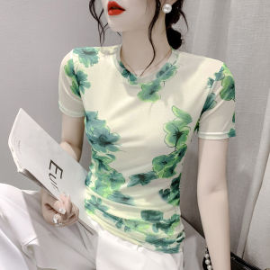 YIMEI Áo Thun Lưới Thời Trang Hè 2023 Áo Ngắn Tay In Hình Cổ Tròn Ôm Vừa Định Vị Thời Trang Phong Cách Phương Tây