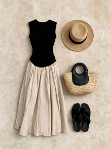 QINGMUZI | Đầm Hợp Bộ Elegance Pháp Không Tay Ôm Sát Mùa Hè