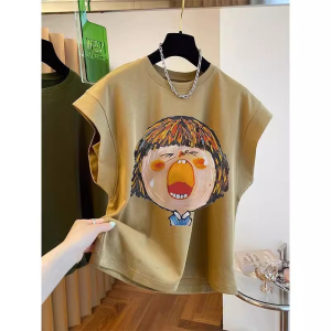 เสื้อยืดแขนกุดคอกลมหลวมๆ สไตล์เกาหลีสำหรับผู้หญิงในฤดูร้อน 2024 เสื้อยืดแขนกุดลายการ์ตูนสำหรับผู้หญิง แขนกุดแบบลำลอง