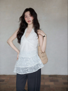 seemon | Áo Blouse Eo Xòe Không Tay Cổ V Ren Phong Cách Hàn Quốc Màu Trắng Sang Trọng
