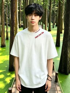 OUMULONG | White Embroidery Short Sleeve Mens Tee Cleanfit Narrow Collar